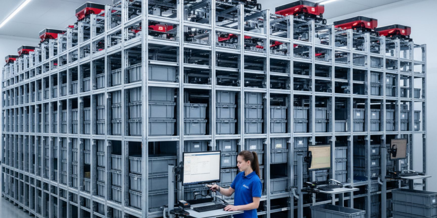 Eine detaillierte Ansicht des AutoStore-Grids, das dicht gestapelte graue Behälter zeigt, die fast die gesamte Höhe des Raumes einnehmen. Mehrere rote Roboter sind auf der oberen Ebene des Grids zu sehen. Im Vordergrund arbeitet eine Lager-Mitarbeiterin an einer Kommissionierstation mit einem Computerbildschirm, der die Lagerbestandsverwaltung anzeigt, was die Integration von Mensch und Technologie im System verdeutlicht.